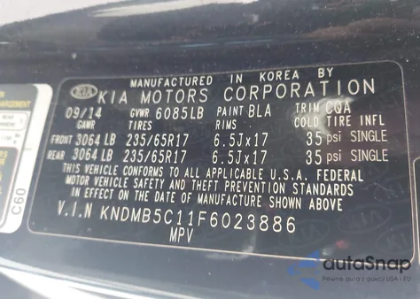 2015 Kia Sedona Lx z USA, uszkodzony, nr VIN KNDMB5C11F6023886